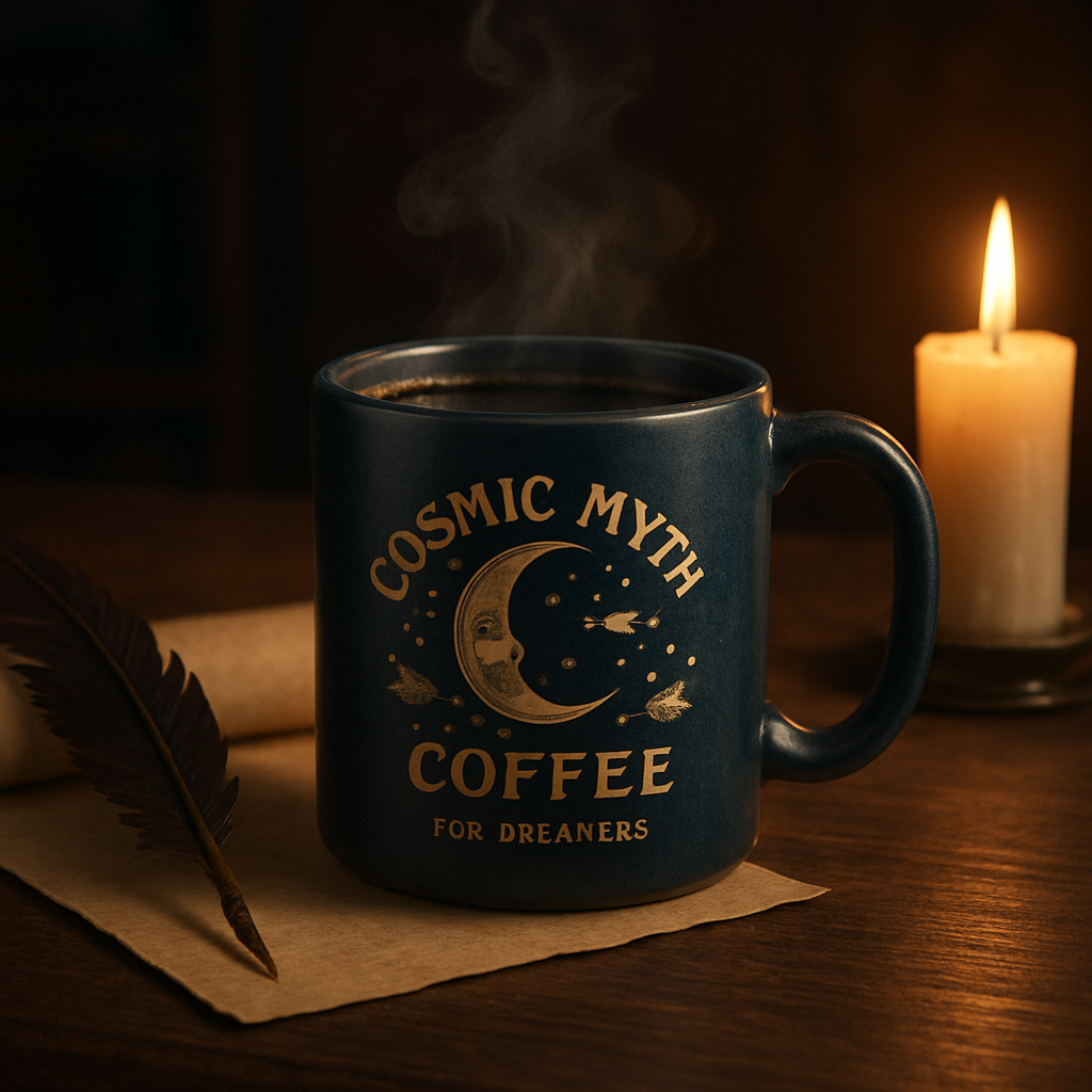 A photorealistic scene of a steaming mug of Cosmic Myth Coffee sitting on a wooden table with a quill, a parchment scroll, and a softly glowing candle, evoking a nighttime reading nook. Alt: Cosmic Myth Coffee for dreamers brewed in a cozy, mystical setting.