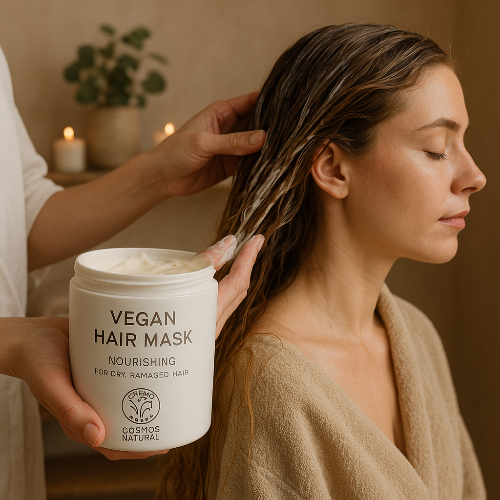 A luxurious vegan hair mask being applied to dry damaged hair in a serene spa setting. Alt: COSMOS certified vegan haircare routine for dry damaged hair, nourishing hair mask application.