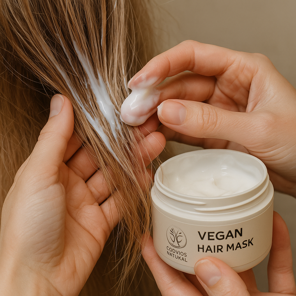 Close-up of hands applying a lightweight COSMOS certified vegan hair mask onto fine, dry hair strands. Alt: Hydrating COSMOS certified vegan haircare routine for dry damaged hair, lightweight nourishing mask.
