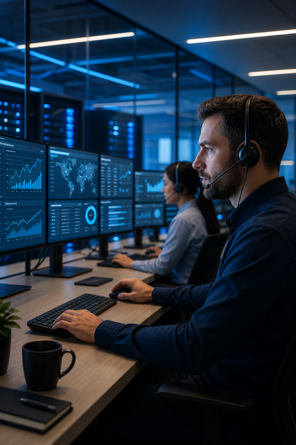 Cinematic shot of a modern IT operations center with multiple monitors displaying cybersecurity dashboards, a team of technicians monitoring alerts in real time. Alt: Managed IT services security monitoring center with AI threat detection.