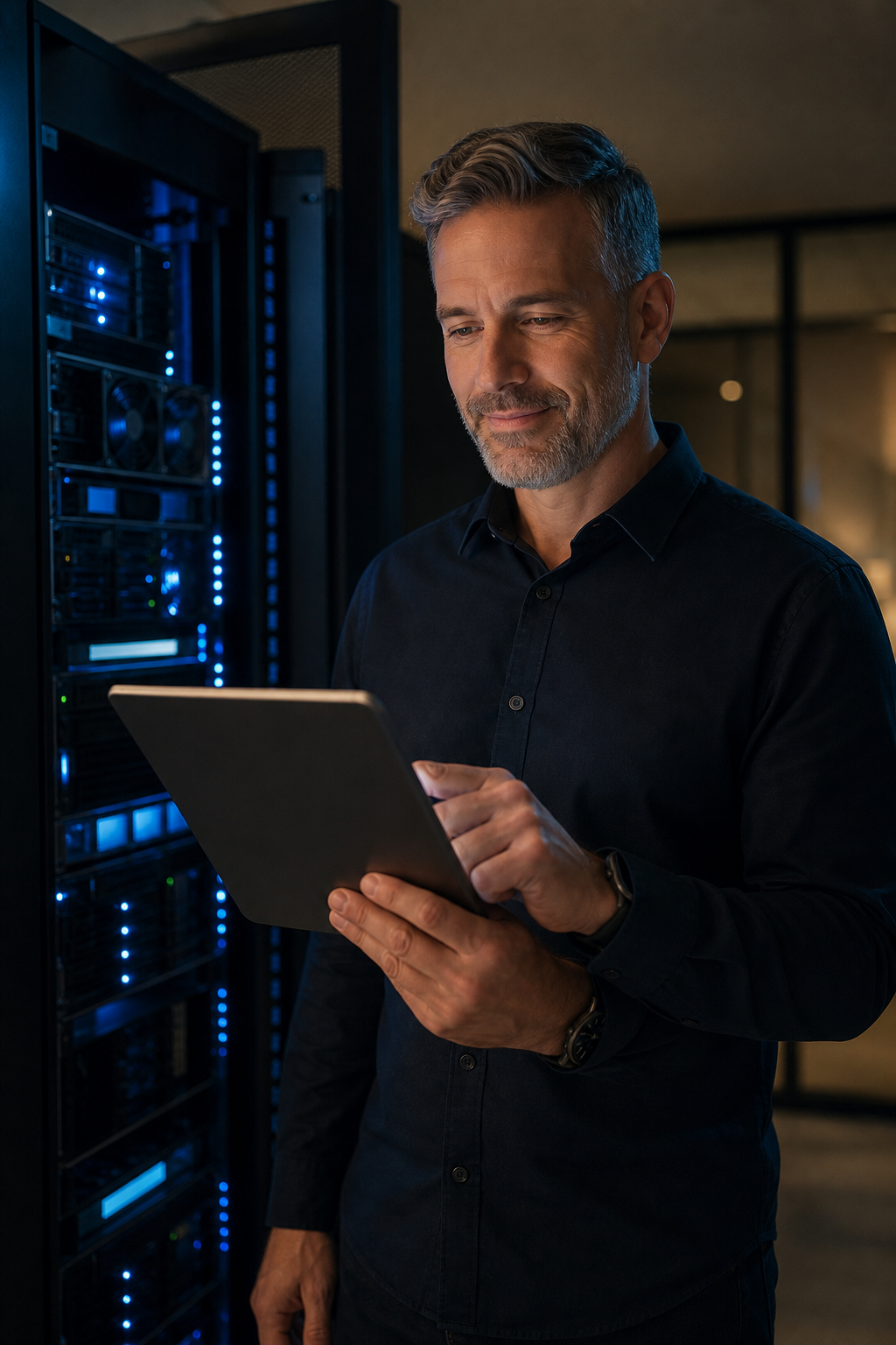 Cinematic shot of a small business owner reviewing a tablet showing three service plan options (Basic, Advanced, Premium) with checkmarks, in a modern office setting. Alt: Tiered managed IT services pricing plan selection for small business.