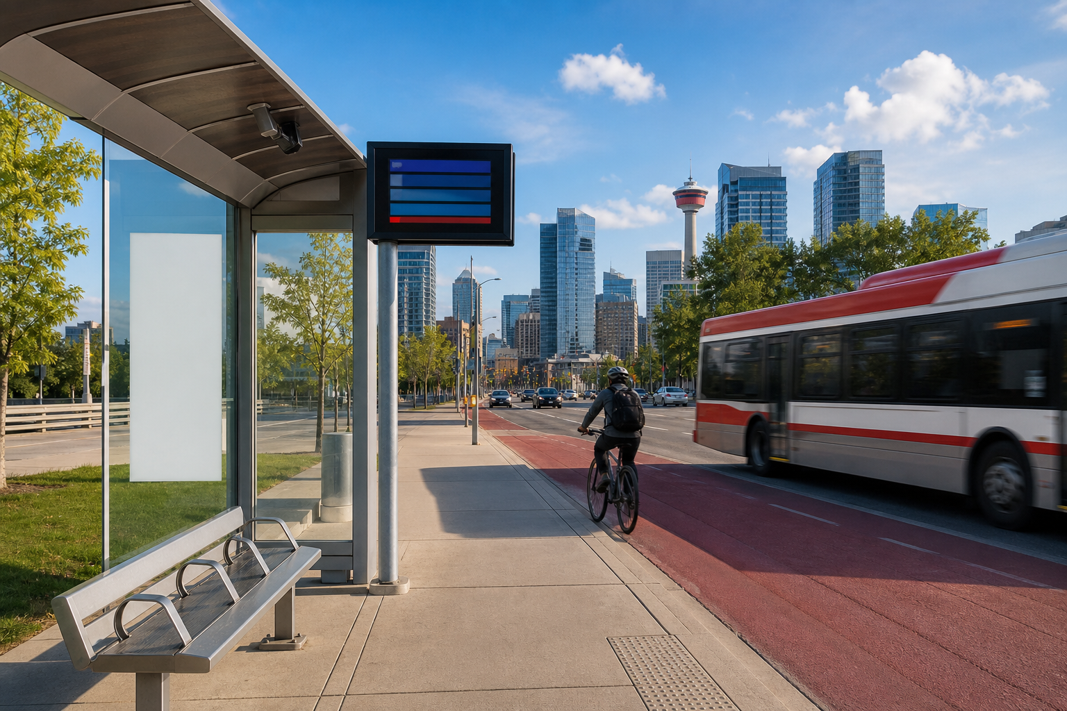 A photorealistic view of a Calgary bus stop with a digital schedule board, a cyclist, and a clear sky , Alt: Calgary transportation costs