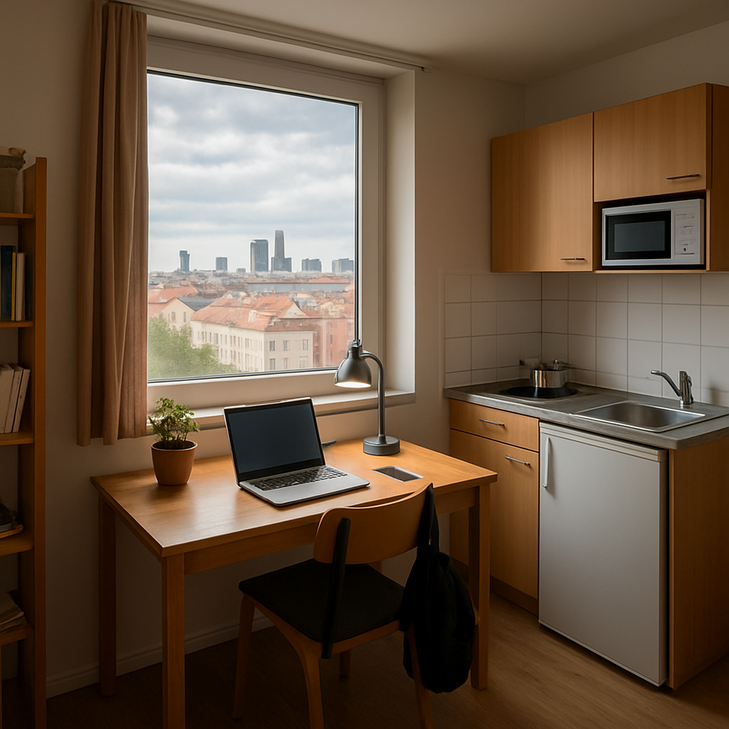 A cozy shared student flat in Germany with a laptop on a desk, a small kitchen, and a view of a city skyline through the window. Alt: cost of living in germany for students, student accommodation, budget-friendly housing