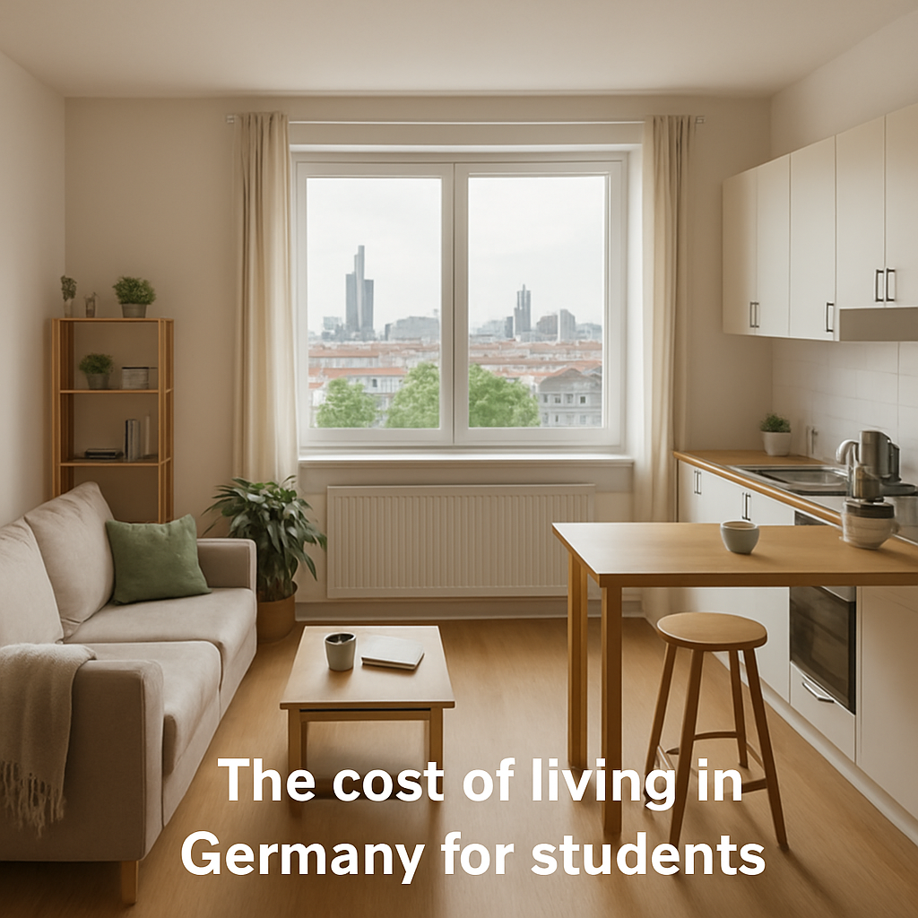 A bright shared student flat (WG) in Germany with a cozy living area, kitchen counter, and a view of the city skyline through a large window. Alt: cost of living in germany for students, student housing options, affordable WG, dormitory price comparison.