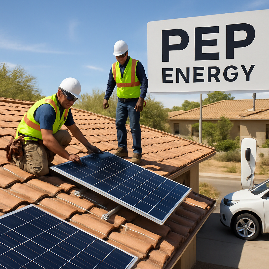 A sunny Arizona roof with solar panels being installed, showing workers, mounting hardware, and a nearby electric vehicle charging station. Alt: Cost of solar panel installation factors on Arizona roof.