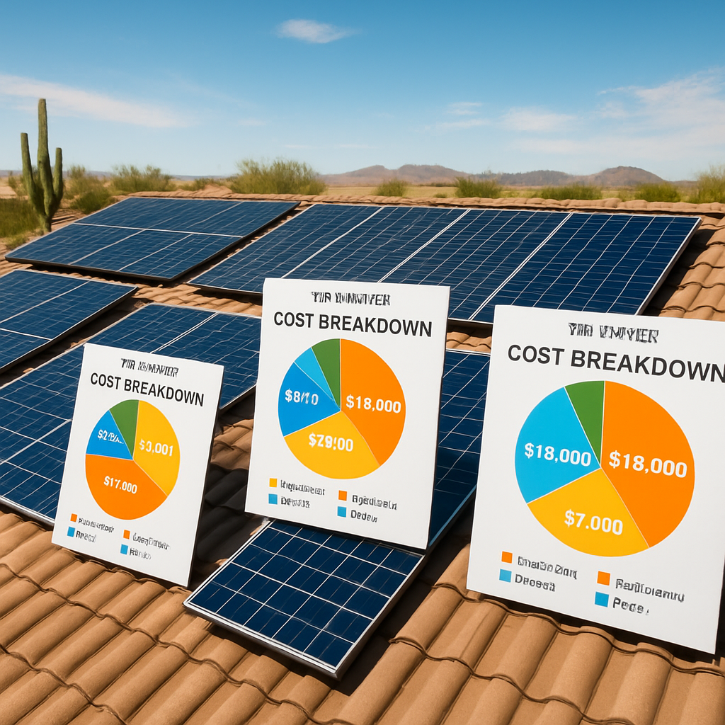 A sunny Arizona rooftop with solar panels of varying sizes, showing cost breakdown charts for 3 kW, 5 kW, and 9 kW systems. Alt: Average cost breakdown by system size for solar panel installation