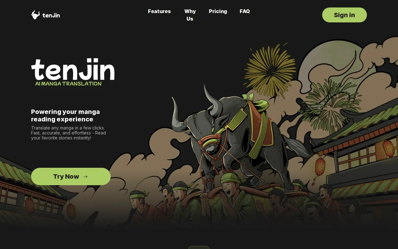 Screenshot of the Tenjin website