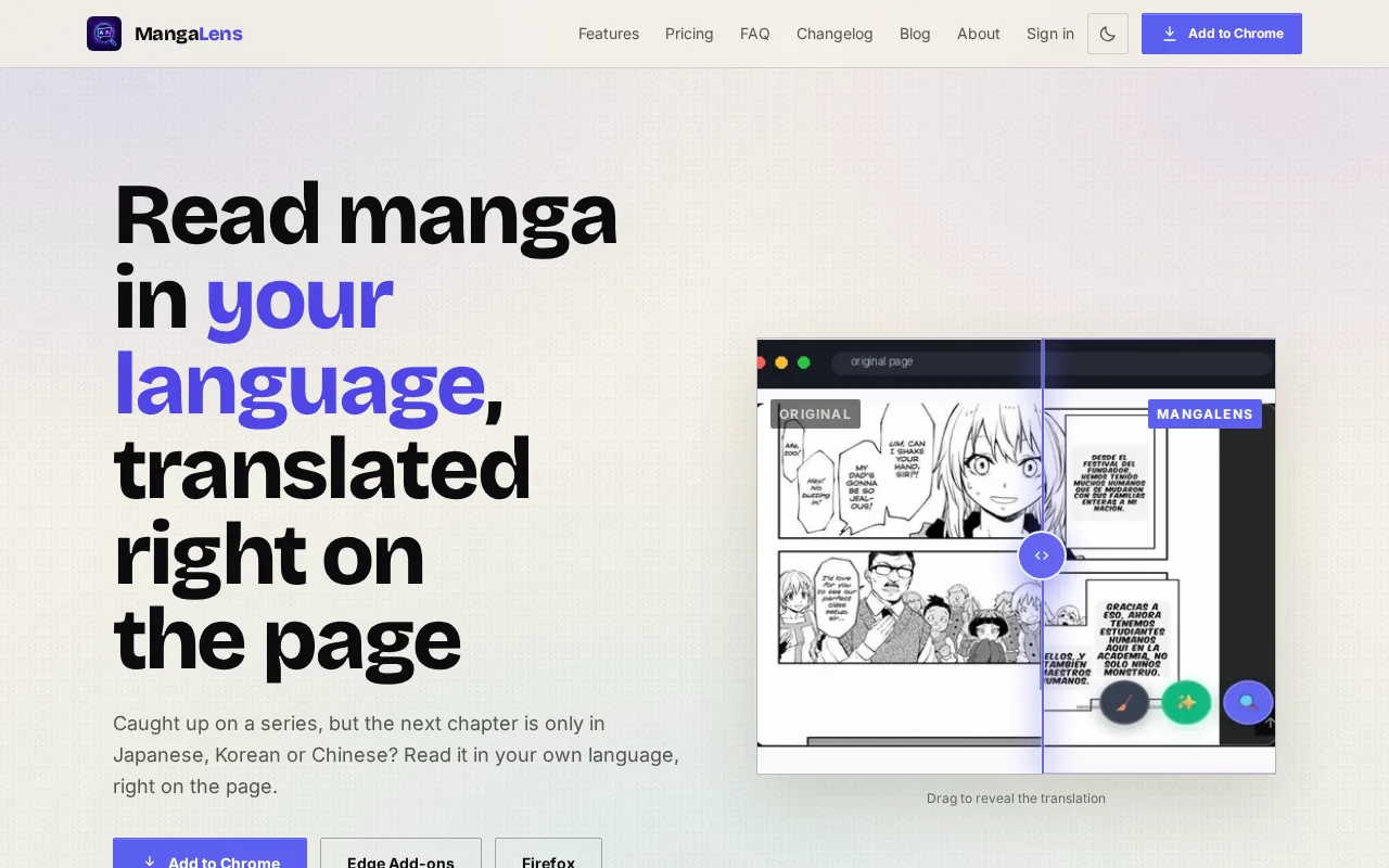 Screenshot of the MangaLens website