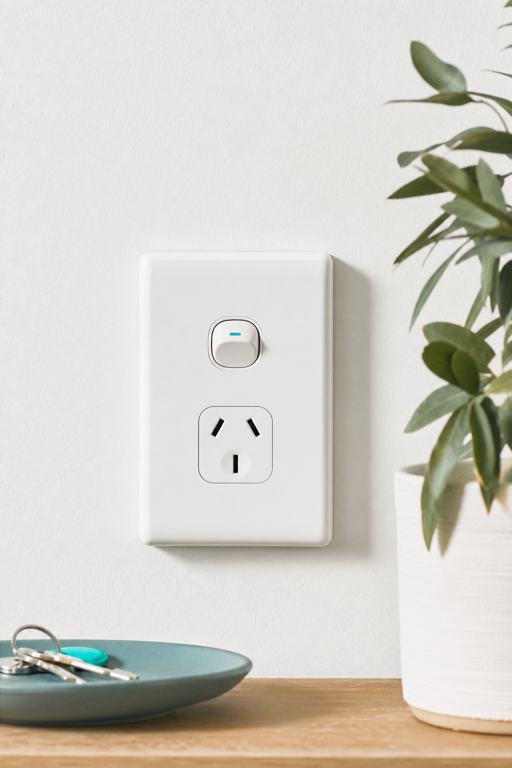 A close-up of a standard Australian single power point installed on a white wall, with a gentle shadow emphasizing the modern, clean look. Alt: Standard single power point installation cost Australia.