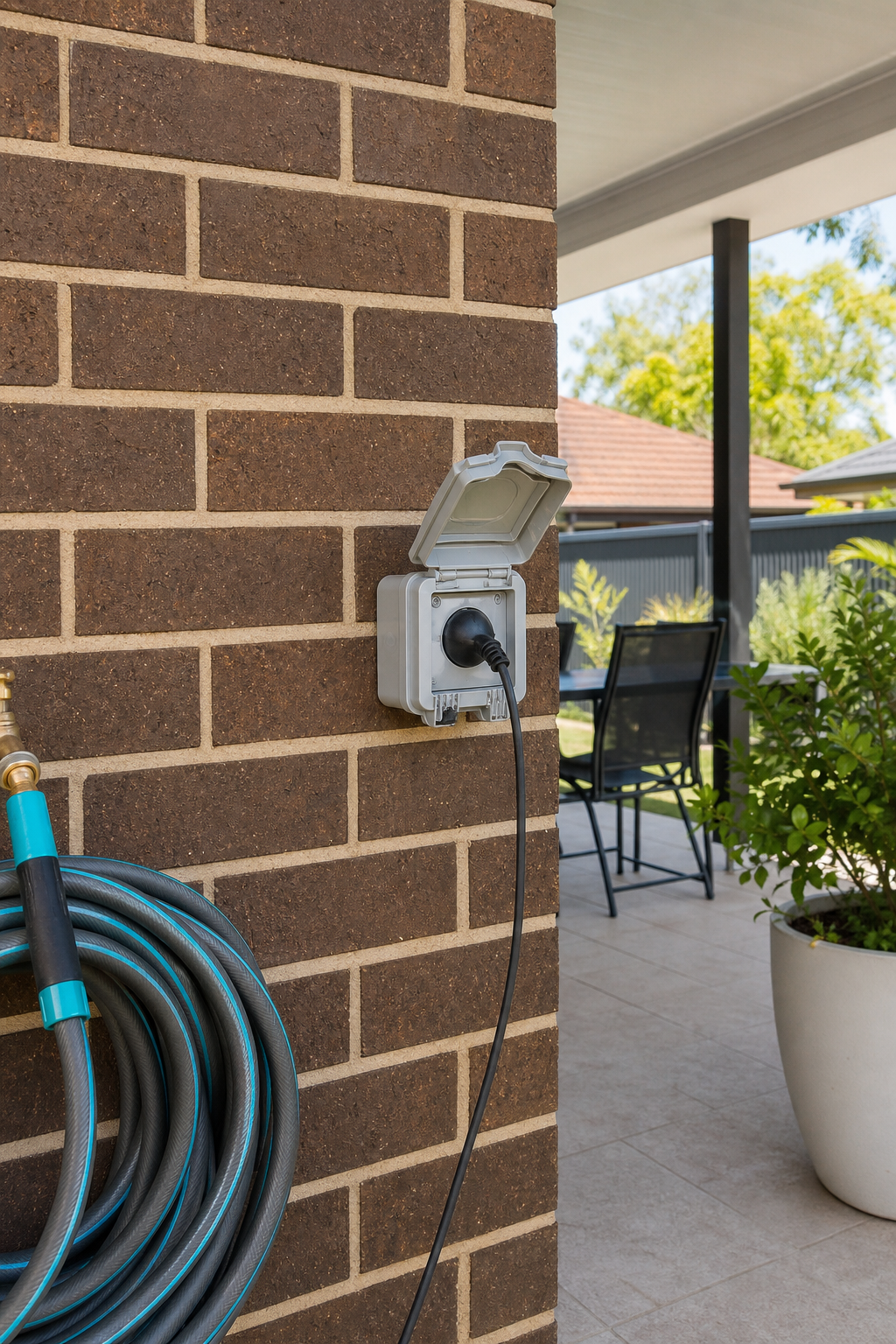 An outdoor weatherproof power point installed on a brick wall under a covered patio, with a plug inserted and a garden hose nearby. Alt: Outdoor weatherproof power point installation cost Australia.
