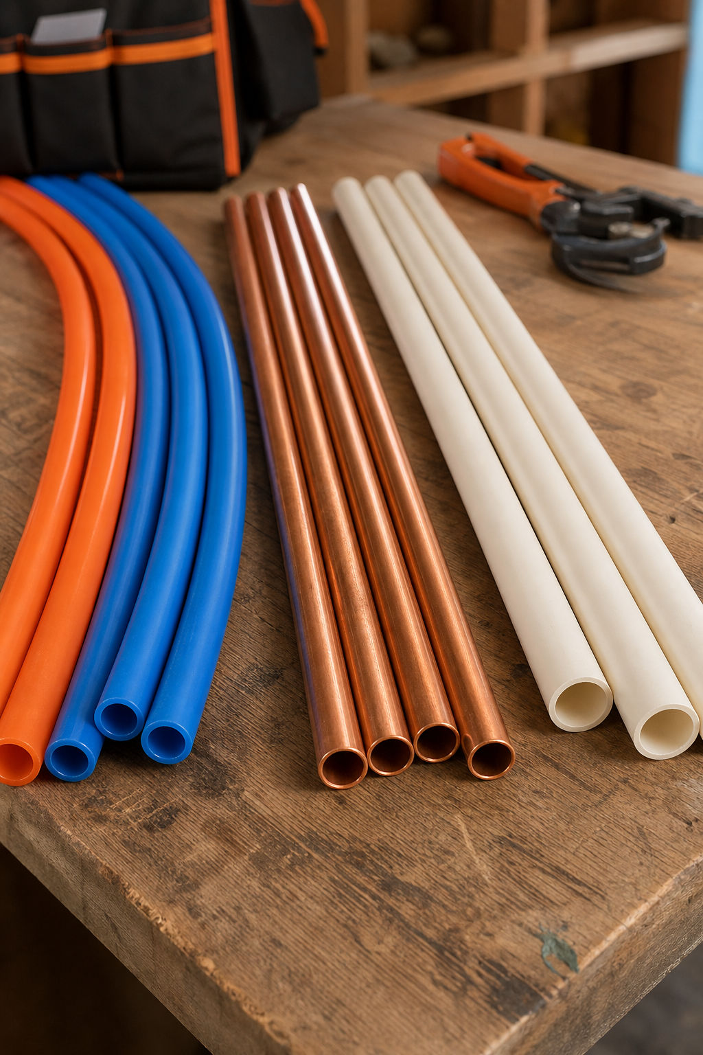 A side-by-side comparison of PEX, copper, and CPVC pipes laid on a workbench with labels, realistic lighting. Alt: Comparison of PEX tubing, copper pipe, and CPVC pipe for home repiping.