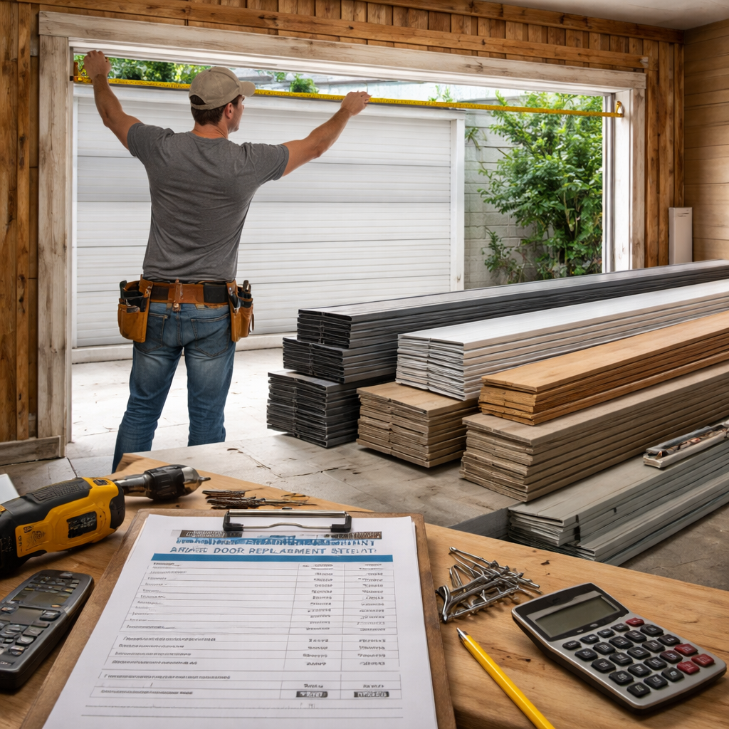 A photorealistic scene of a homeowner measuring a garage door opening with a tape measure, steel, wood, and aluminum panels stacked nearby, showing tools and cost estimate sheets. Alt: cost to replace garage door frame material cost estimation.