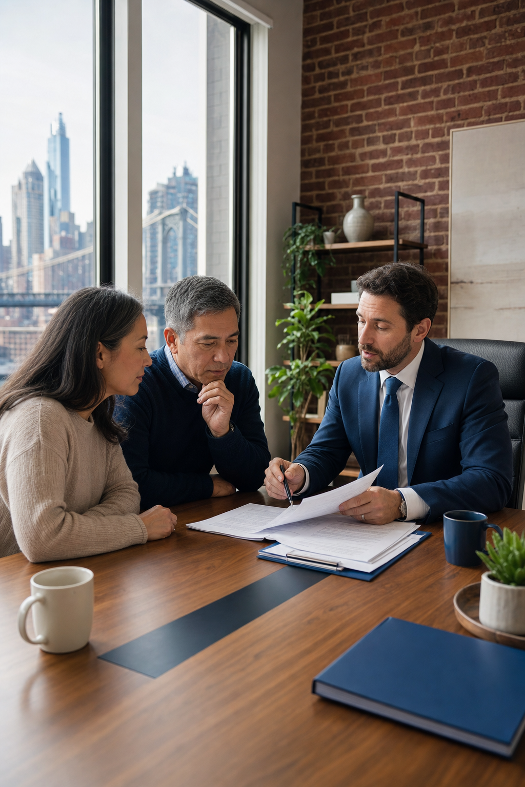 A photorealistic scene of a professional estate planning attorney sitting across from a middle-aged couple at a wooden conference table, reviewing legal documents together in a warmly lit Brooklyn law office, with a city view in the background. Alt: estate planning attorney explaining irrevocable trust costs to a couple in Brooklyn.