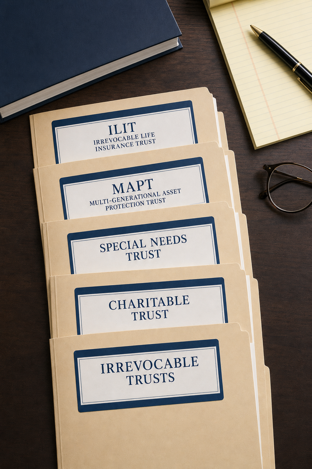 A flat-lay composition showing different labeled legal folders representing types of irrevocable trusts , ILIT, MAPT, Special Needs Trust, Charitable Trust , arranged on a dark walnut desk with a legal notepad and reading glasses nearby. Brand color accent in navy blue folder labels. Alt: types of irrevocable trusts labeled folders for estate planning.