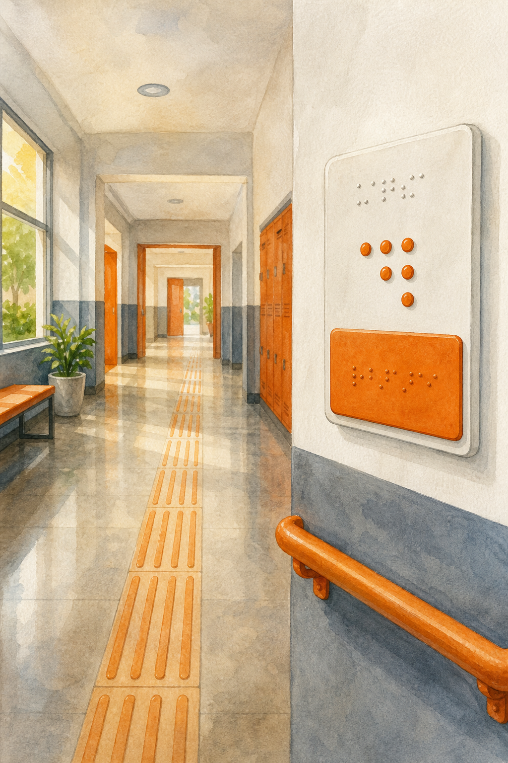 Watercolor scene of a school hallway with tactile signage on walls, showing braille and raised letters. Alt: Señalética braille y táctil en pasillo de colegio privado en Zapopan.