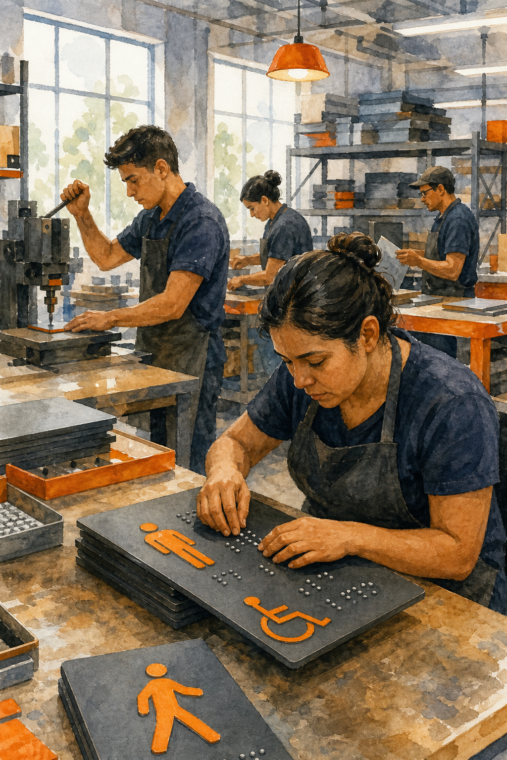 Watercolor illustration of a factory workshop in Zapopan with workers crafting tactile signage, including braille. Alt: Fabricación local de señalética braille en Zapopan, taller de Señaletica Tactil.