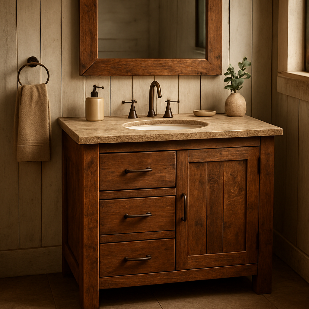 A rustic timber vanity with reclaimed wood, brushed bronze hardware, and a stone countertop in a country bathroom. Alt: Rustic timber vanity for country bathroom renovation ideas