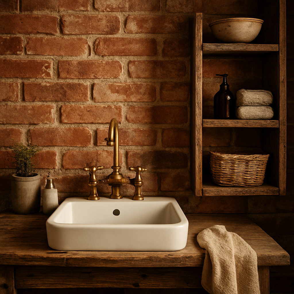 A rustic country bathroom featuring a reclaimed brick accent wall behind a white sink, with weathered timber shelving and a vintage brass faucet. Alt: Reclaimed brick accent wall in a country bathroom renovation.