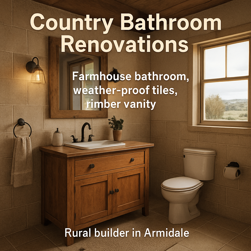 A rustic farmhouse bathroom with weather‑proof tiles and timber vanity. Alt: country bathroom renovations planning.