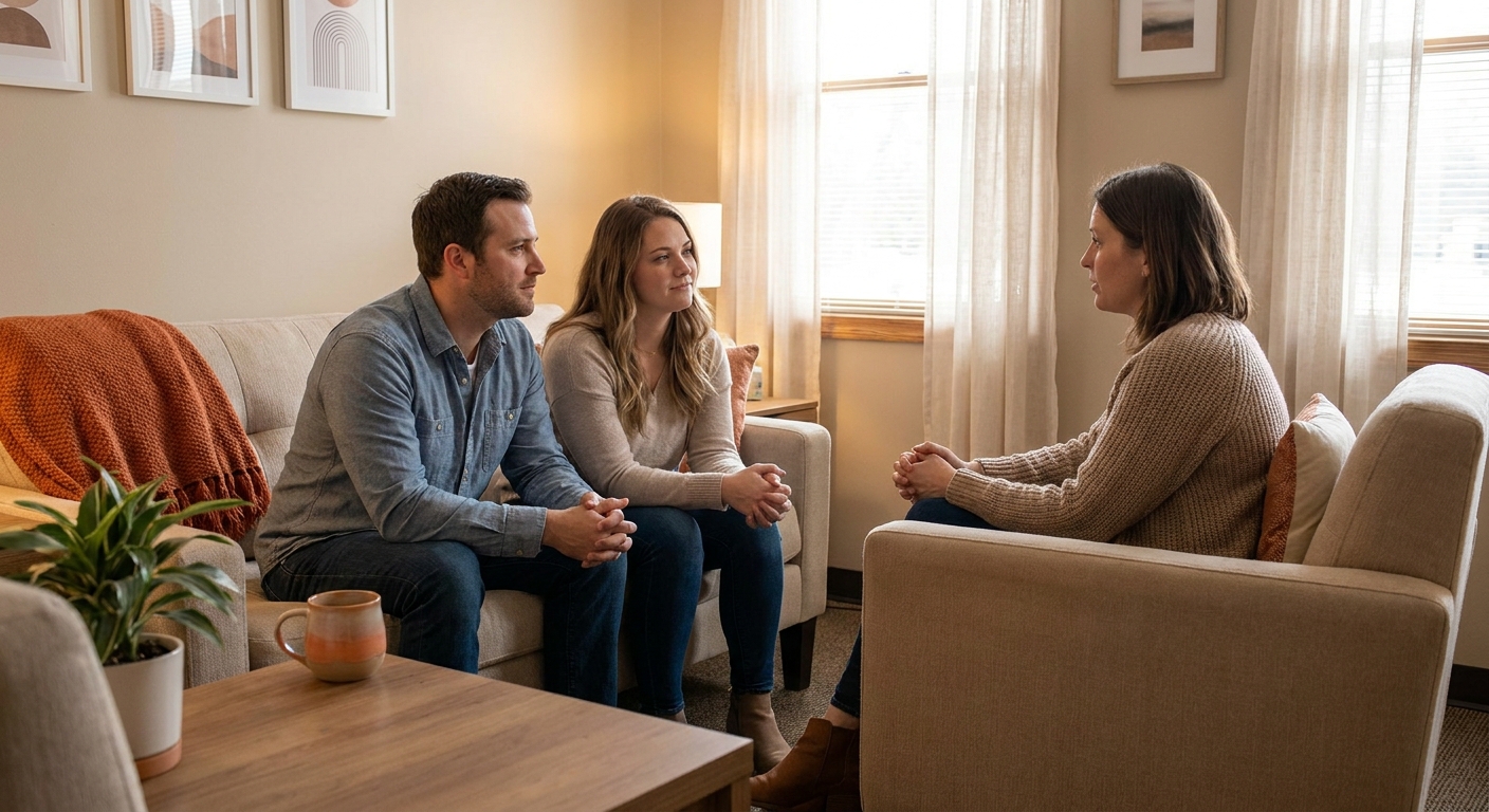 A photorealistic scene of two adults sitting across from a calm, attentive therapist in a warm, softly lit counseling office with plants and neutral-toned furniture. The couple is engaged, making eye contact with the therapist. Accent color: warm orange. Alt: couples counseling session at a Cincinnati evidence-based therapy practice.