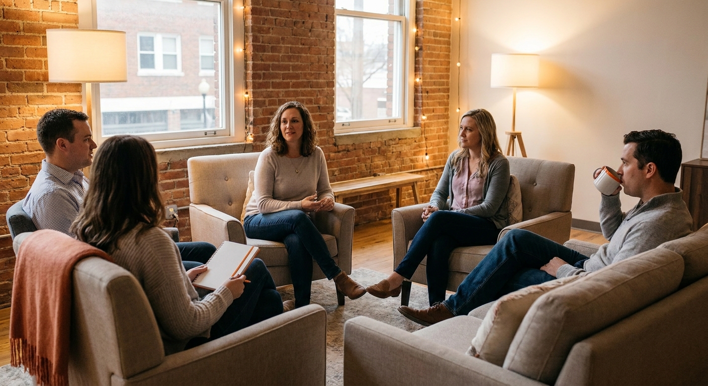 A photorealistic scene of three or four couples seated in a circle in a comfortable community room with warm lighting, engaged in a facilitated group discussion. The mood is calm and collaborative. Alt: couples therapy group workshop session in Cincinnati community setting.
