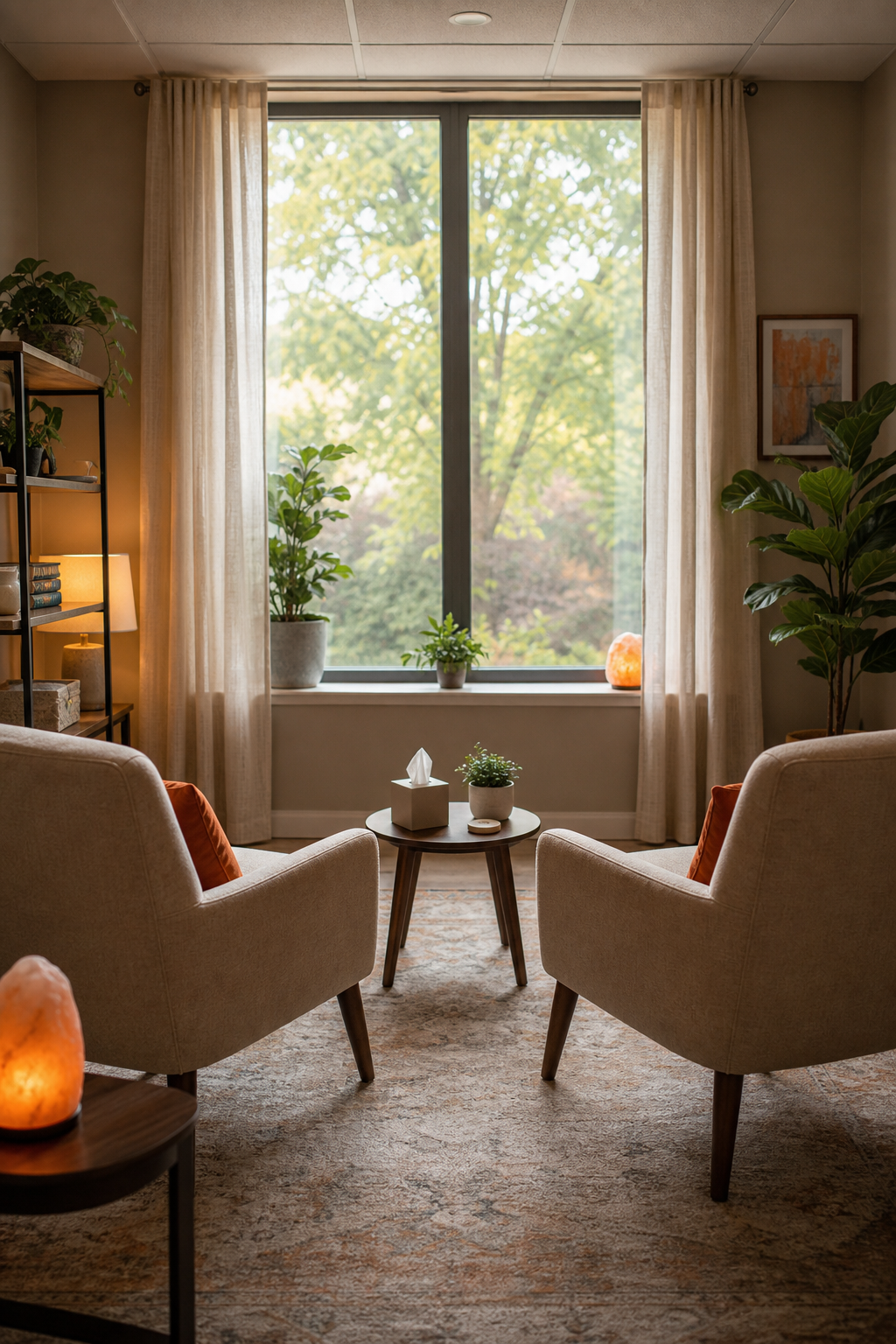 A cozy therapy office with two armchairs facing a window, soft natural light, calm colors. Alt: Emotionally Focused Therapy couples session environment
