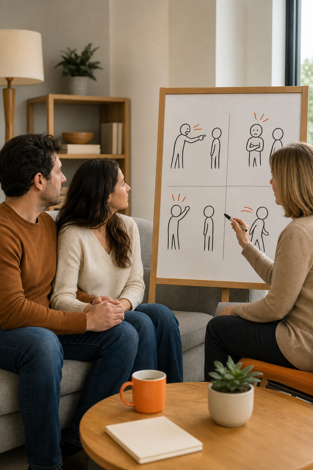 A couple sitting on a couch, holding hands, looking at a therapist's whiteboard with diagrams of the Four Horsemen. Alt: Gottman Method therapy session with relationship education tools