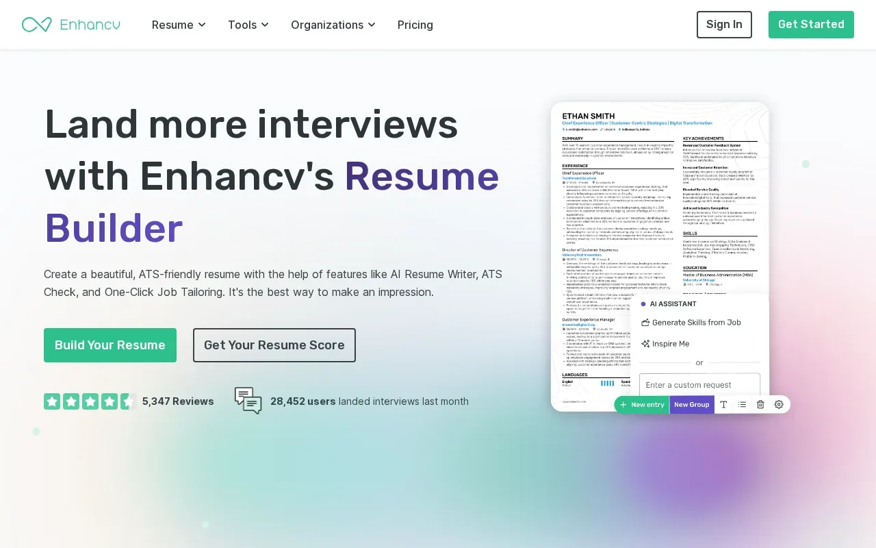 Screenshot of the Enhancv website
