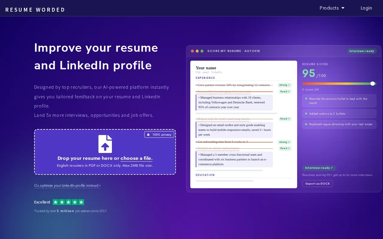 Screenshot of the Resume Worded website