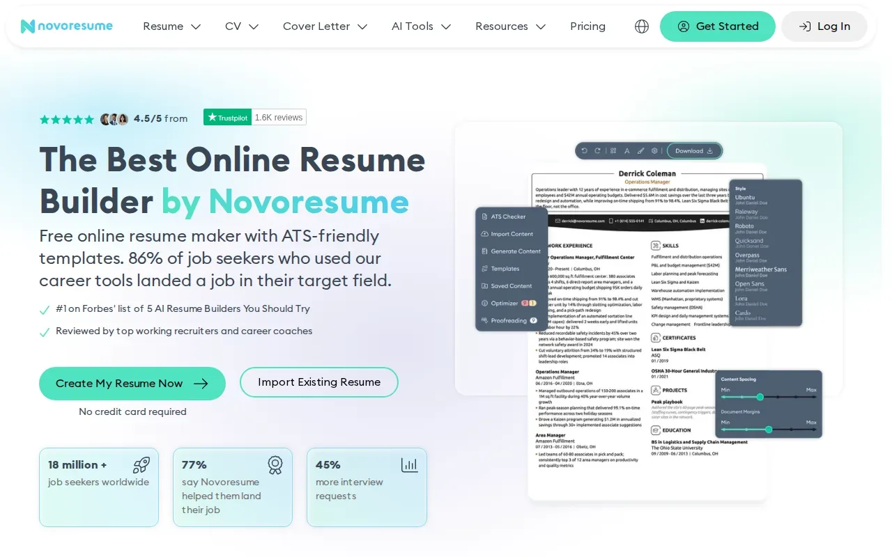 Screenshot of the Novorésumé website