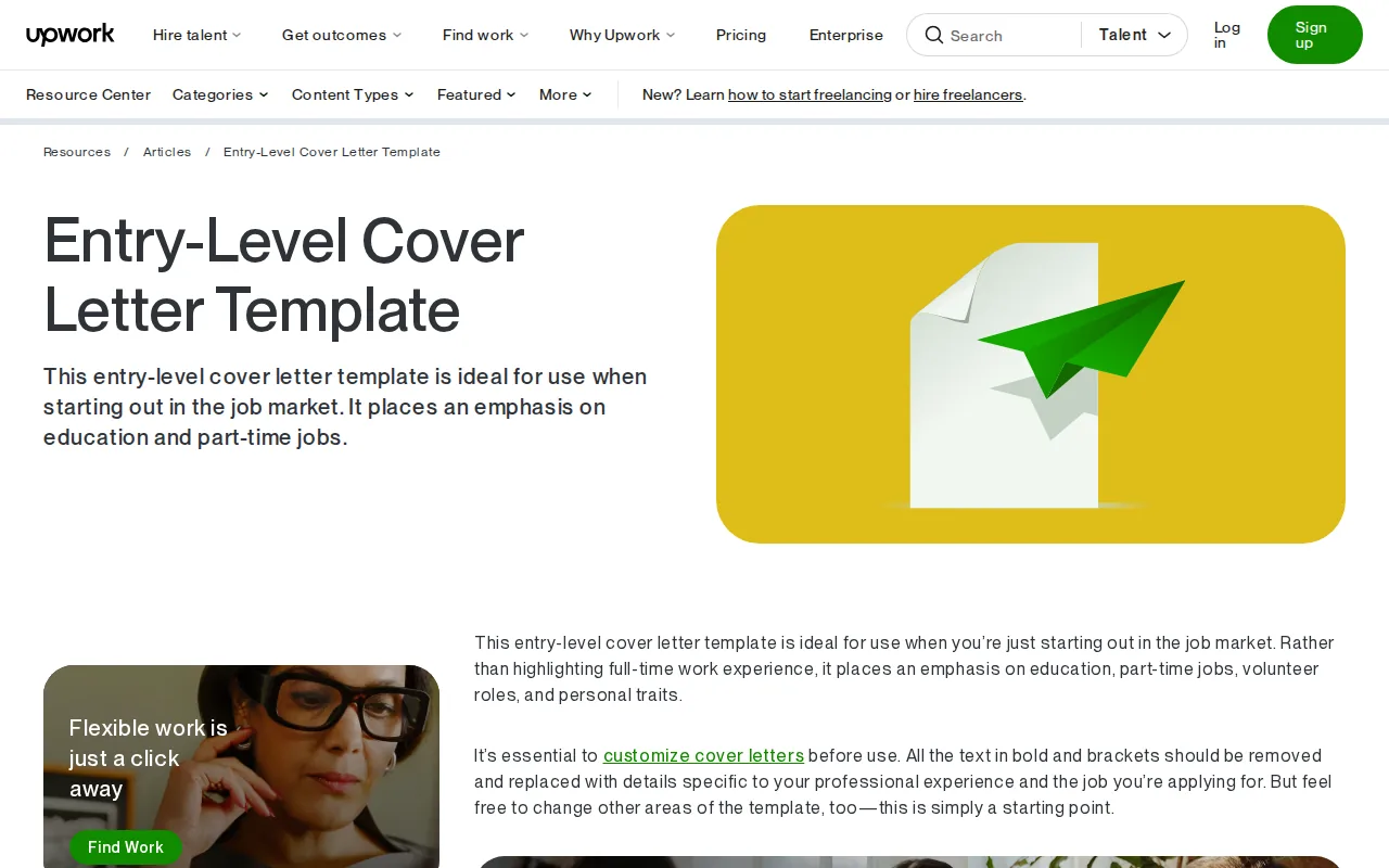 Screenshot of the Entry-Level Cover Letter Template website