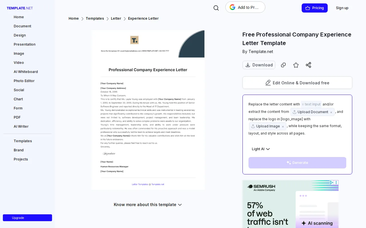 Screenshot of the Experienced Professional Cover Letter Template website