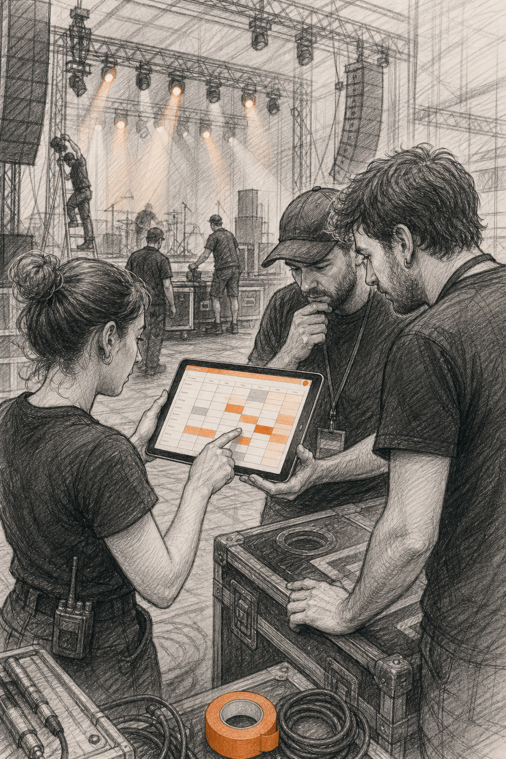 Coût abonnement plateforme BookingTech techniciens en 5 étapes 1 Une salle de concert avec des techniciens qui consultent un calendrier numérique sur une tablette. Style: Sketch. Alt: Techniciens évaluant leurs besoins fonctionnels sur une plateforme de planification.