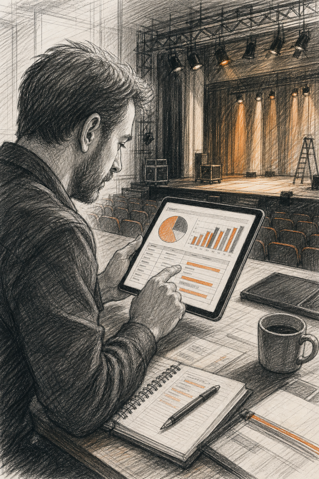 Coût abonnement plateforme BookingTech techniciens en 5 étapes 2 Un gestionnaire de salle de spectacle qui calcule des coûts sur une tablette avec un graphique de budget visible. Style: Sketch. Alt: Calcul du coût total d'abonnement d'une plateforme BookingTech en incluant les frais cachés.