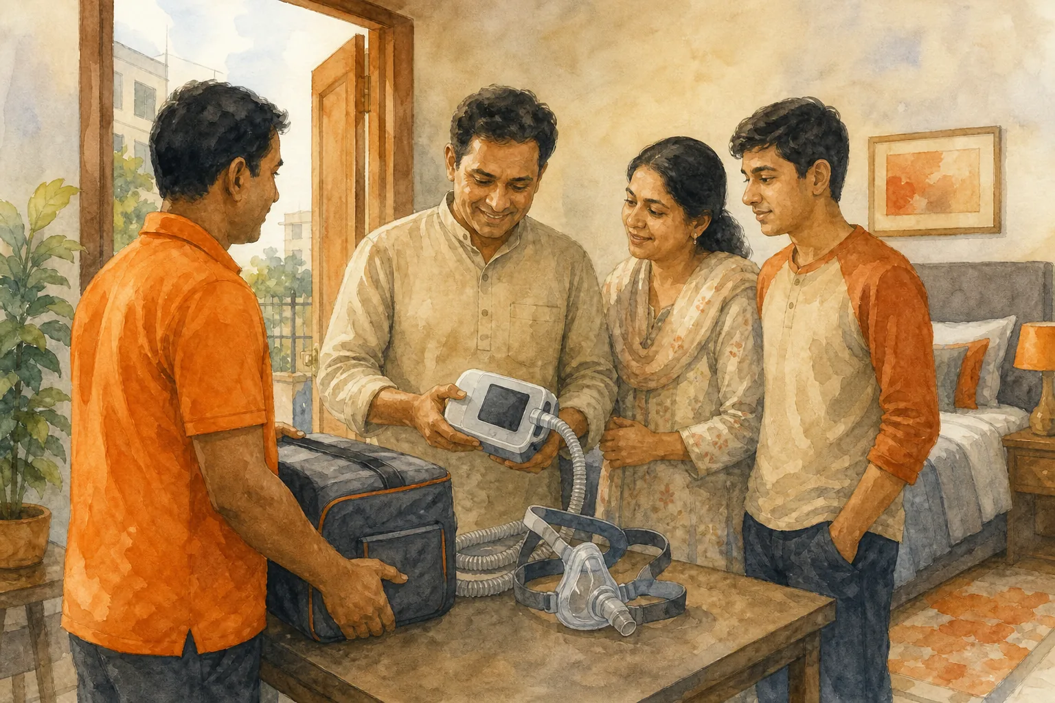 Family checking CPAP machine rental availability in North India.
