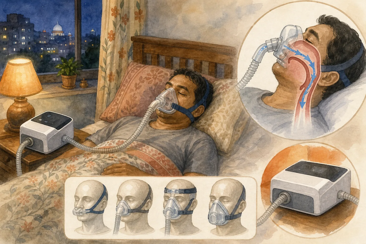 Simple illustration explaining CPAP airflow and prescribed device types.