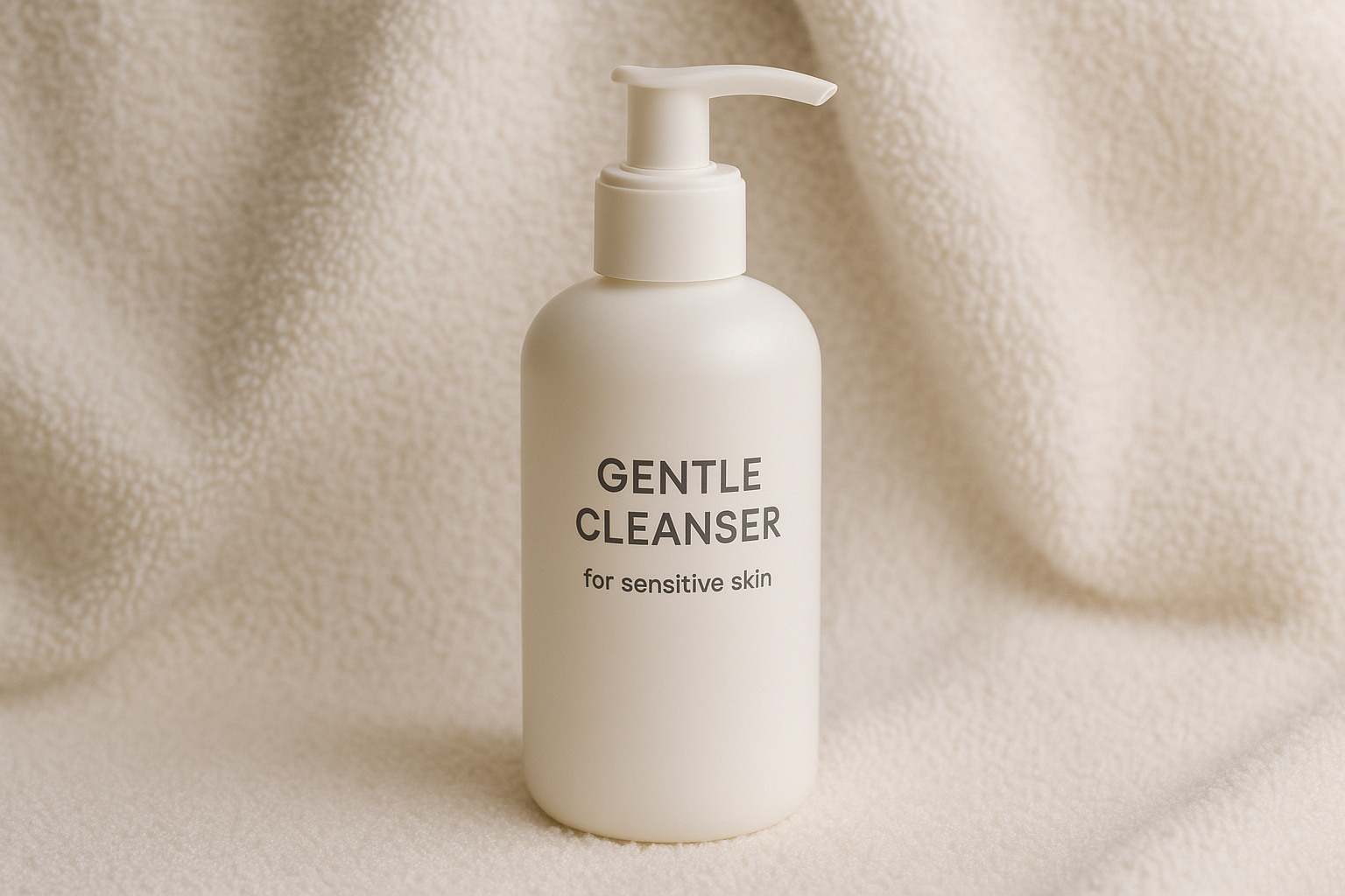 A refreshing bottle of gentle cleanser against a soft towel backdrop. Alt: Gentle cleanser for sensitive skin