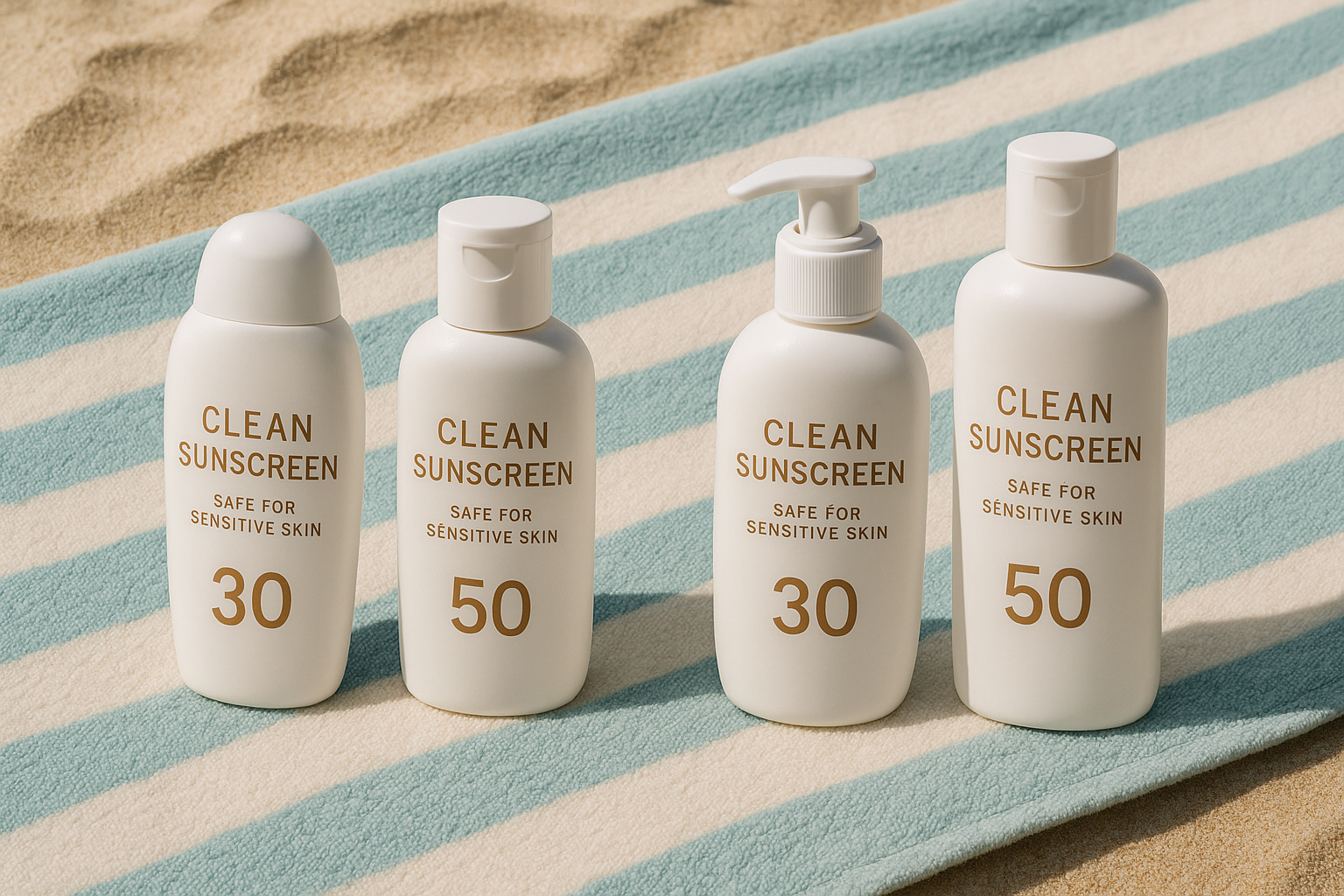 An array of sunscreen bottles displayed on a beach towel. Alt: Clean sunscreens safe for sensitive skin