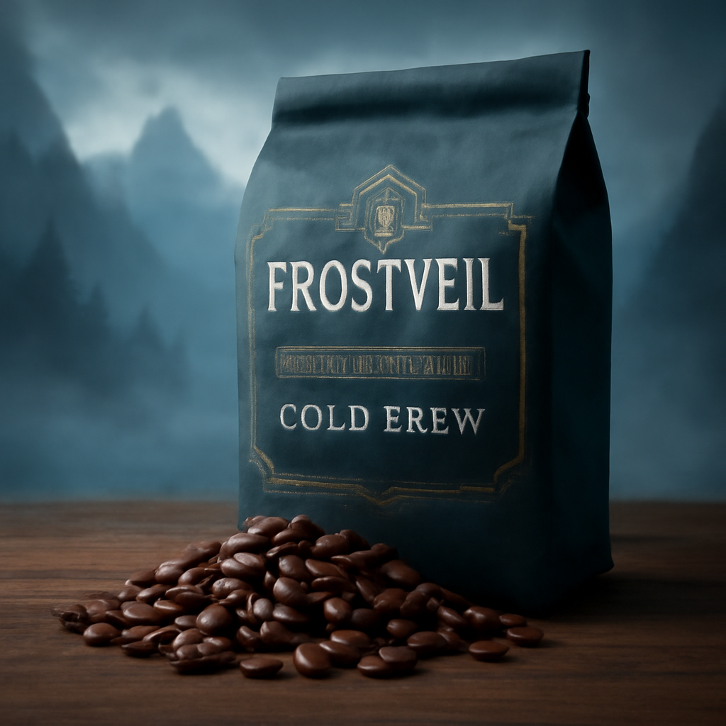 A Frostveil coffee bean blend displayed on a wooden tabletop with a misty, fantasy‑styled backdrop. Alt: Frostveil bean blend for cold brew coffee recipe.