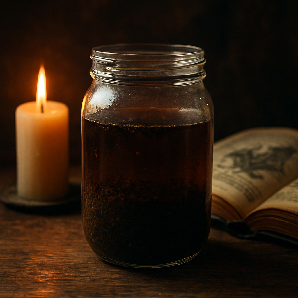 A glass jar filled with coarsely ground coffee beans and cold water, set on a wooden table beside a candle and an open fantasy novel. Alt: cold brew coffee ingredients in a mystical setting