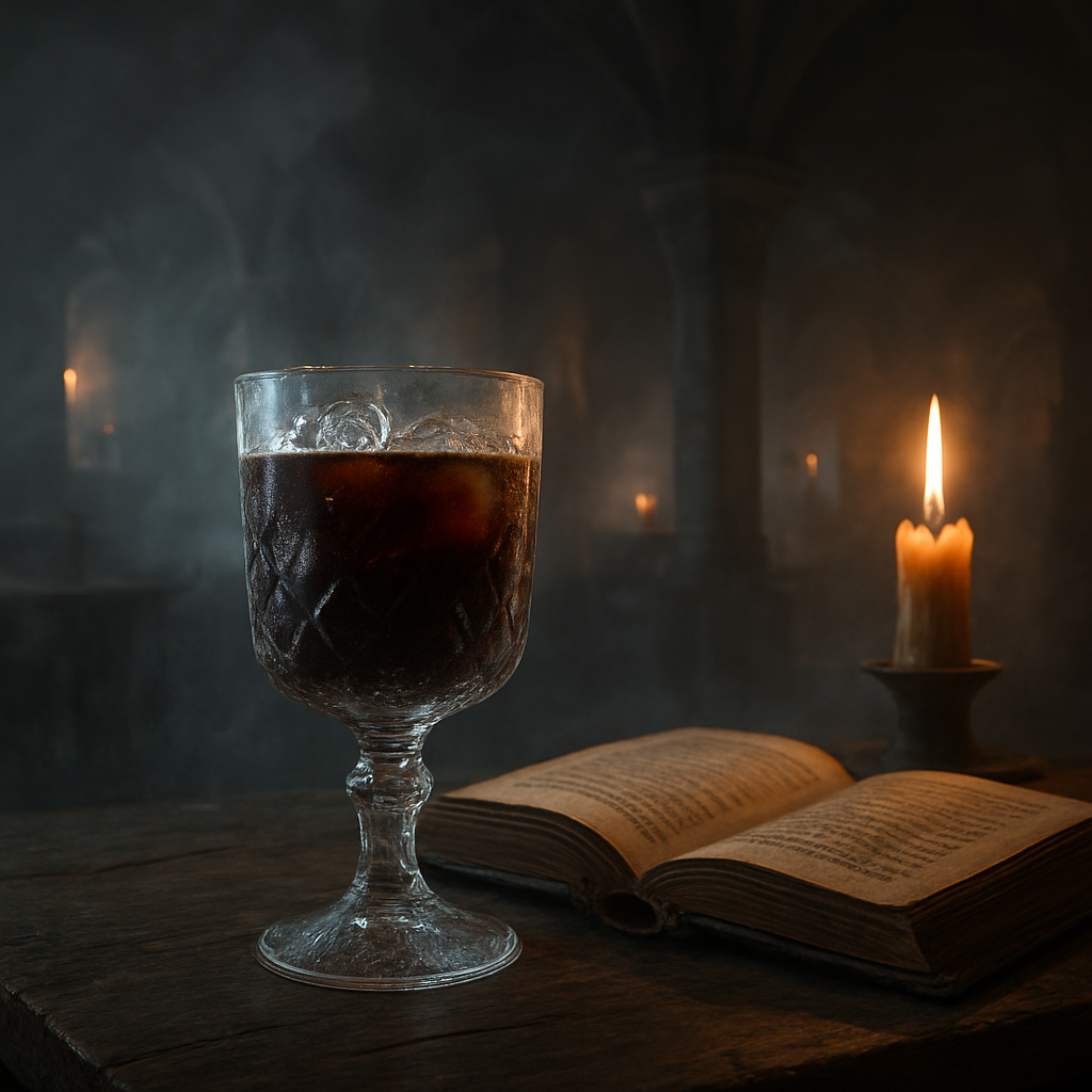 A misty tavern interior with a frosted crystal goblet filled with cold brew coffee, a leather‑bound grimdark novel open nearby, and a candle casting soft amber light. Alt: cold brew coffee presentation in fantasy setting, perfect for dark fantasy readers.