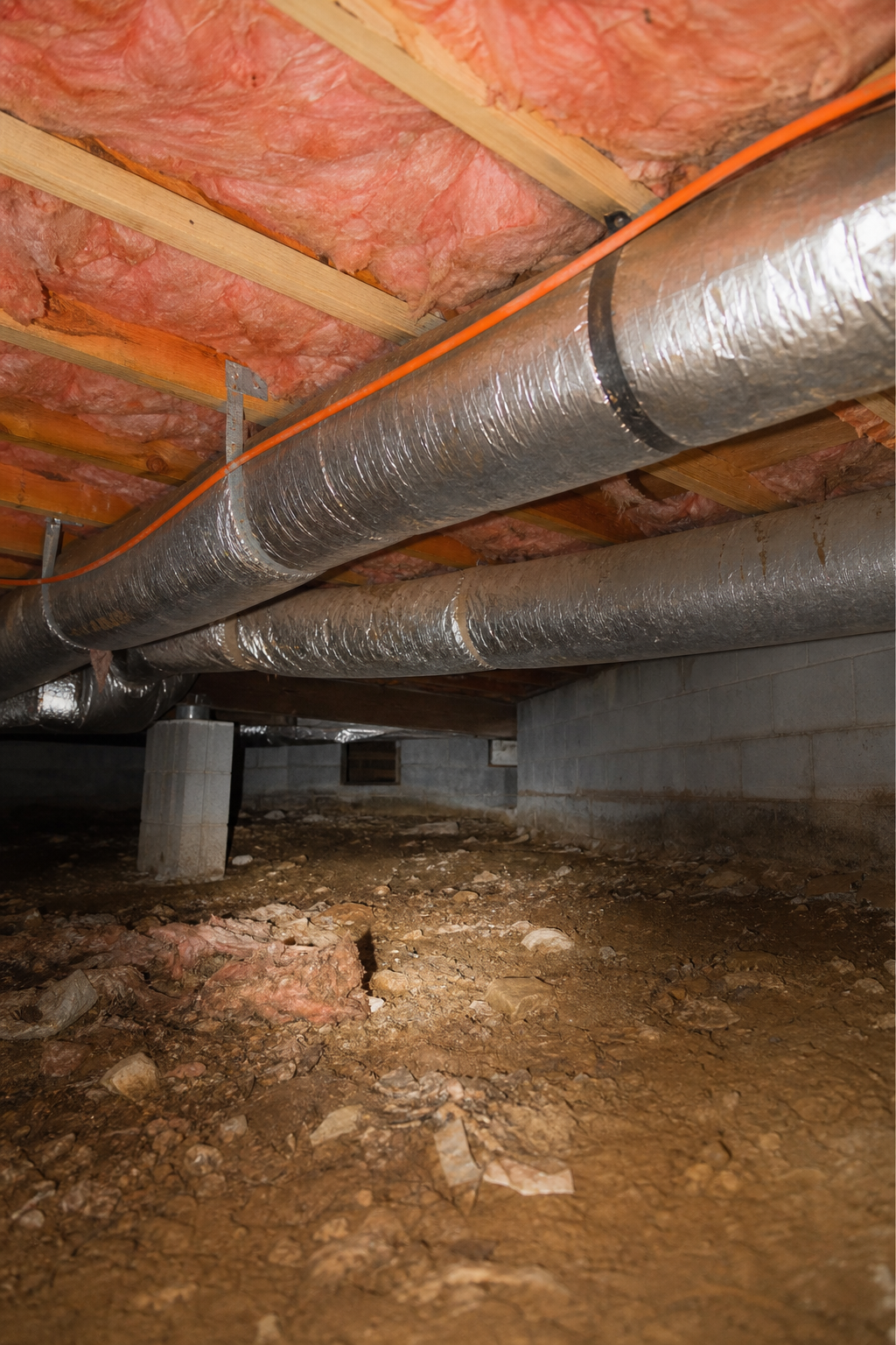 A photorealistic view inside a crawl space showing exposed dirt, foundation walls, and ductwork. Alt: Inspecting crawl space conditions for insulation.