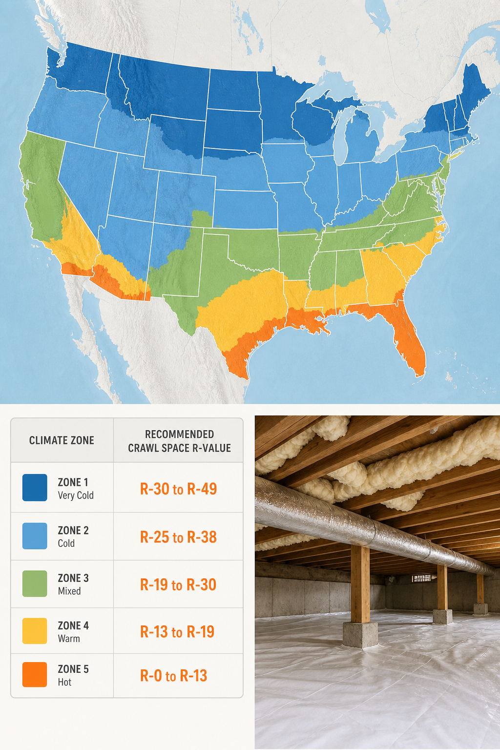 A map of the US with climate zones highlighted, showing recommended R-values for crawl spaces. Alt: Climate zone map and recommended R-values for crawl space insulation.