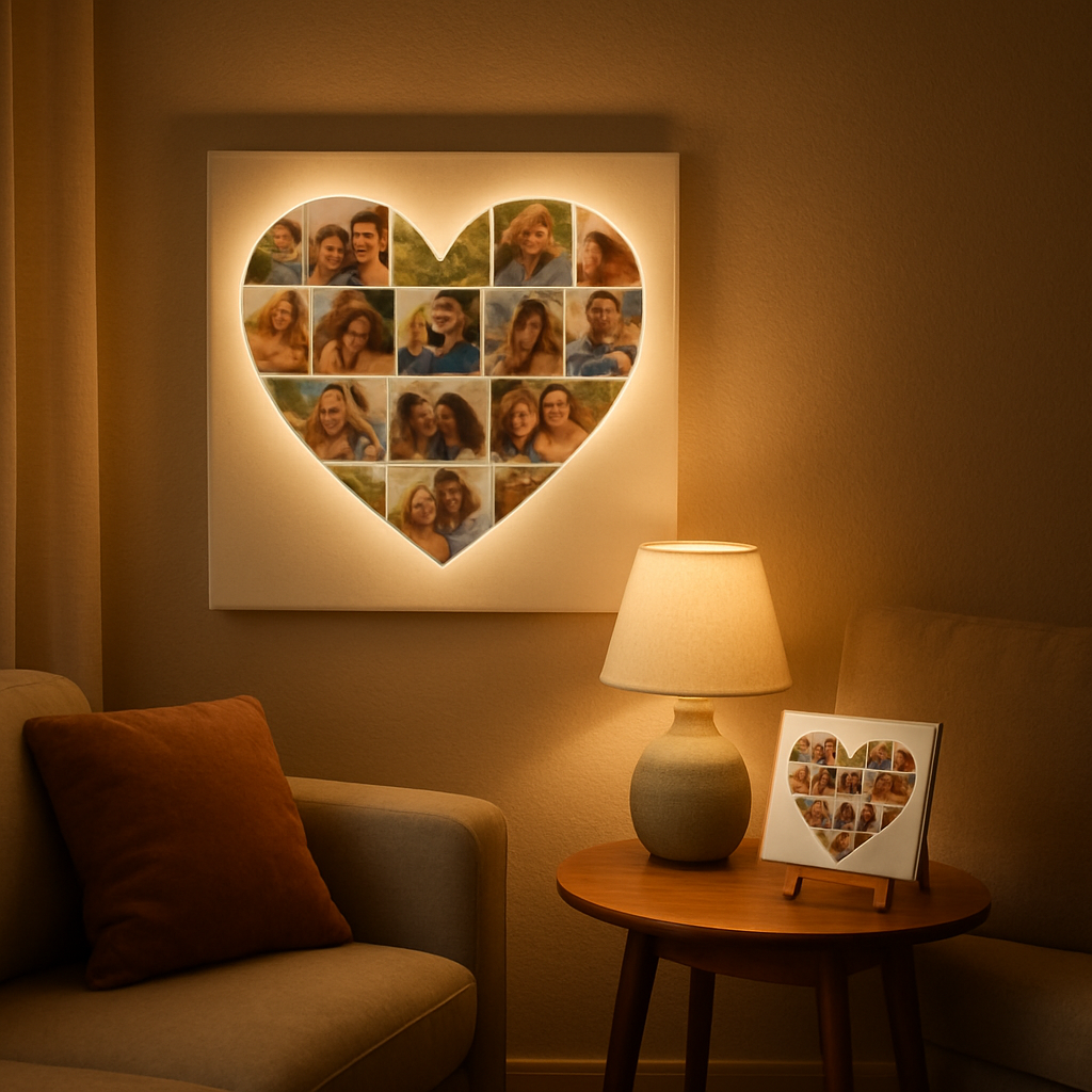 A cozy living‑room scene showing a heart‑shaped photo collage canvas on the wall, illuminated by a soft LED strip, with a small side table holding a matching mini‑canvas. Alt: heart photo collage canvas displayed in a warm home setting.