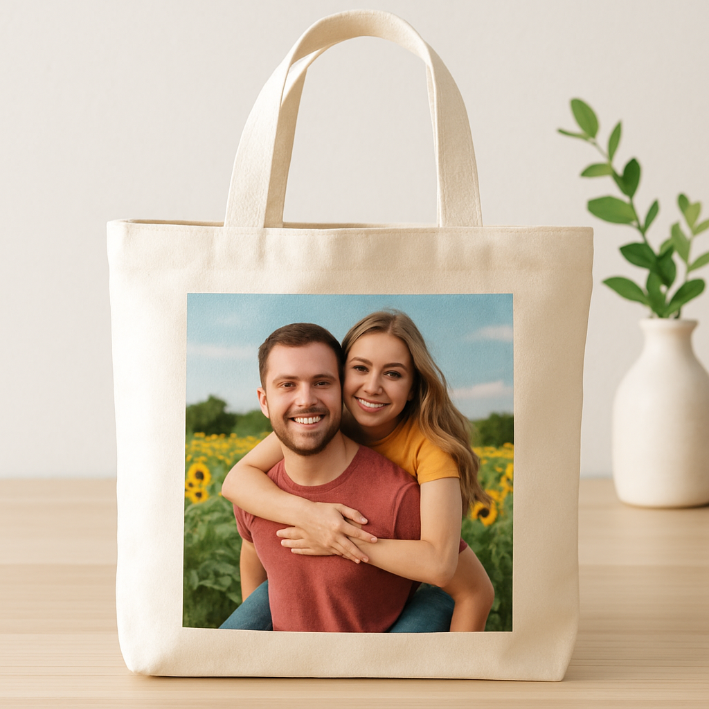 A bright, well-lit photograph of a tote bag with a vibrant printed photo, showcasing the personalized canvas design. Alt: personalized photo canvas tote bag gift example.