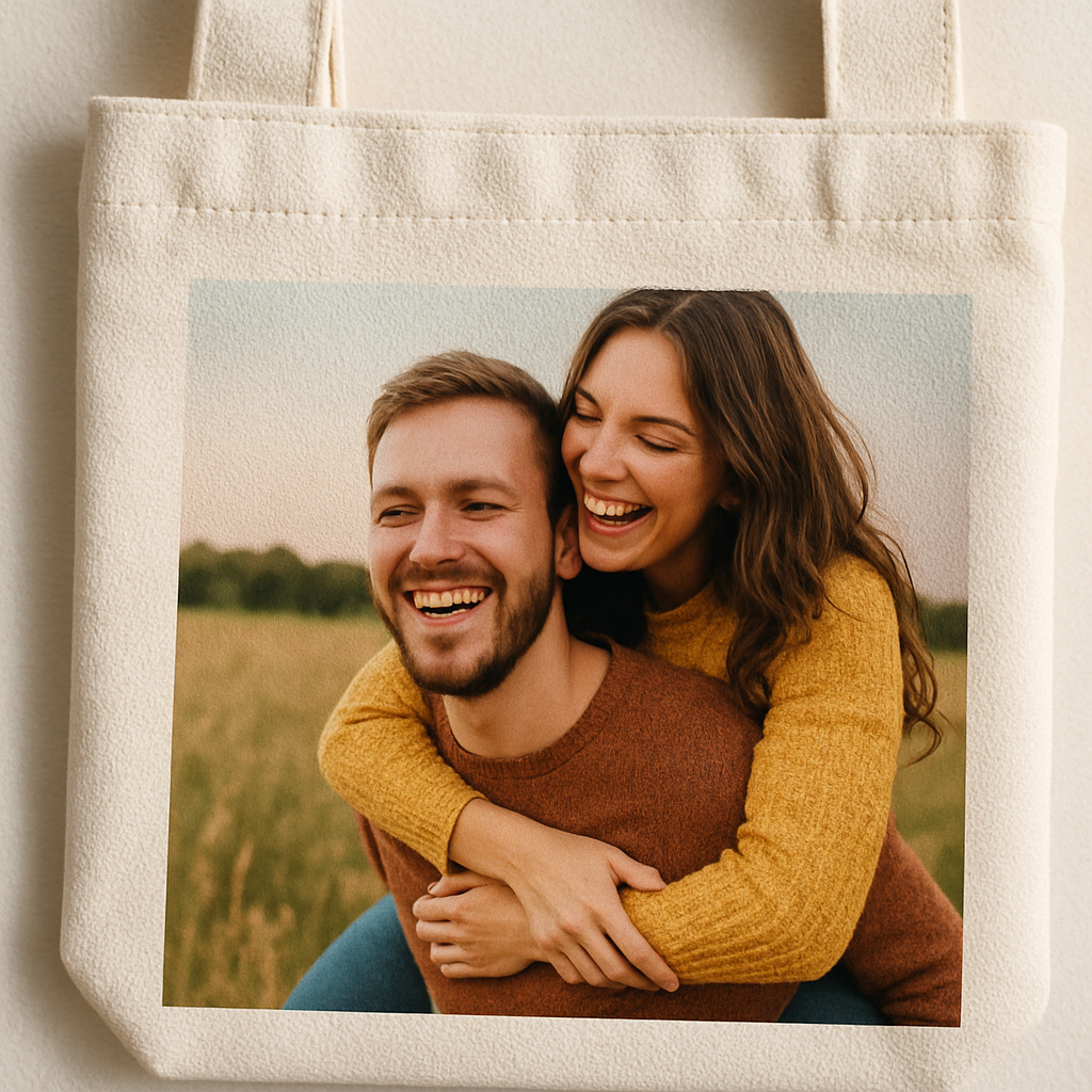 A close‑up of a freshly printed canvas tote bag with a vibrant photo design, showing the texture and stitching. Alt: personalized photo canvas tote bag gift.
