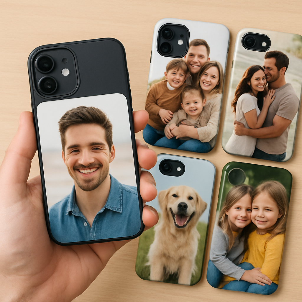 A close‑up of a hand holding a smartphone with its back exposed, showing the camera module and a selection of custom photo phone cases laid out beside it. Alt: personalized photo phone case selection with model matching details.