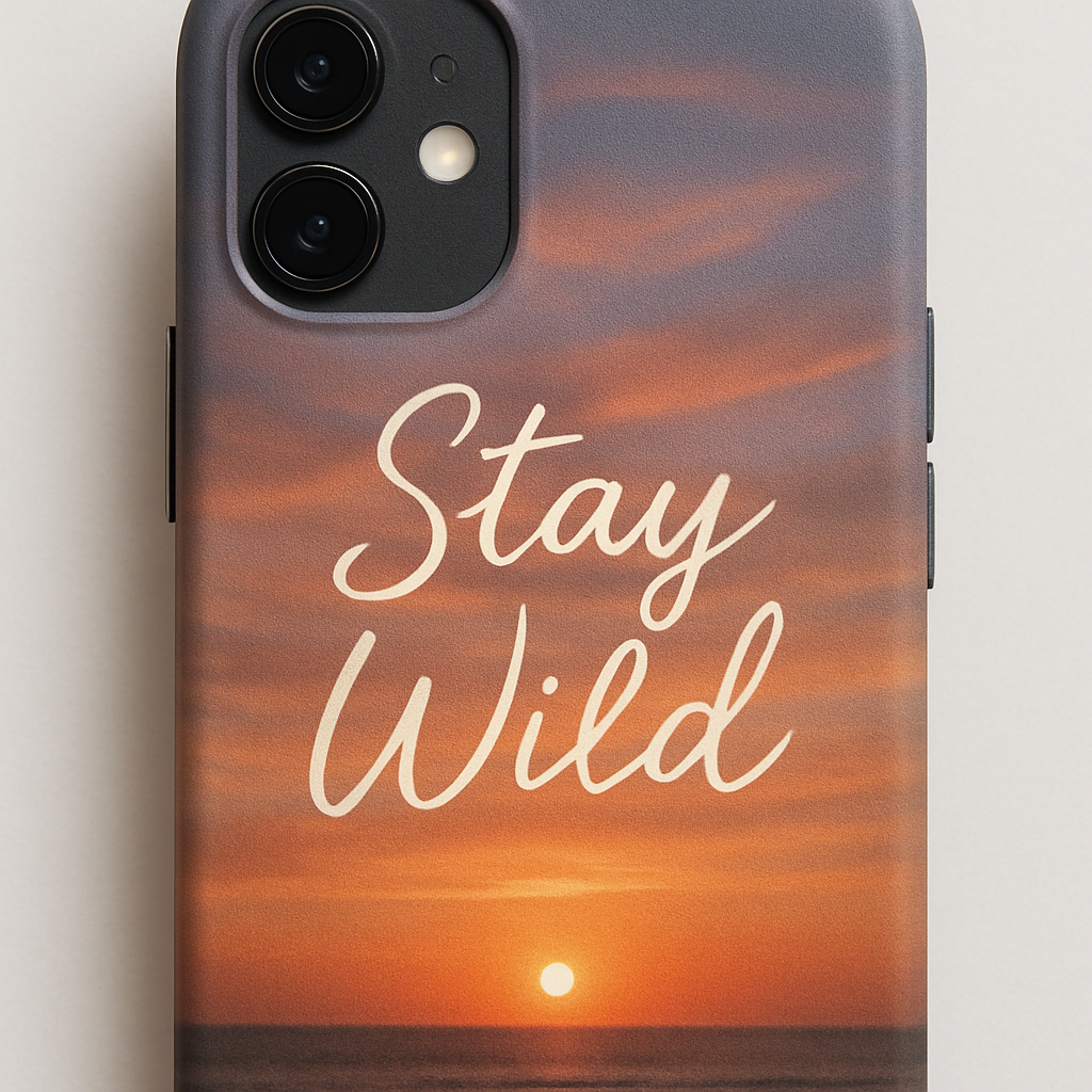A close‑up of a phone case featuring a sunset photo with handwritten text “Stay Wild” in a soft script, showing the texture of a matte silicone finish. Alt: personalized photo phone case with custom text and matte silicone texture.