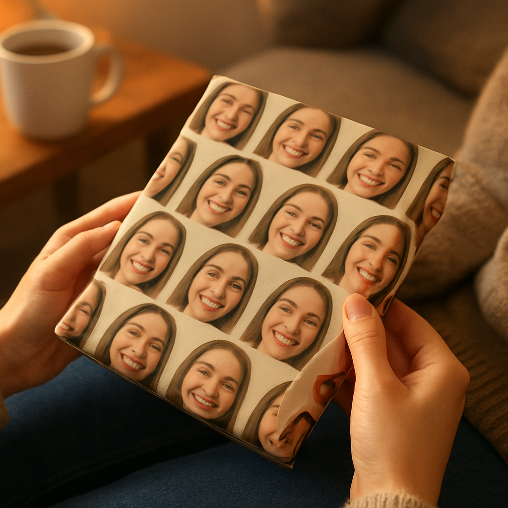 A cozy home scene with a person unwrapping a gift wrapped in custom face wrapping paper, showing bright, smiling faces tiled across the paper, soft lighting highlighting the texture of the paper. Alt: custom face wrapping paper being unwrapped, showcasing personalized photo wrap.