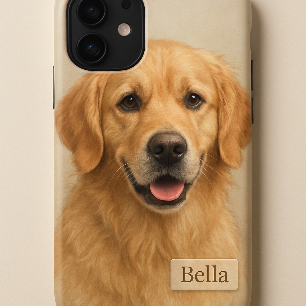 A close‑up of a phone case displaying a custom pet portrait with a subtle name tag in the lower‑right corner, showing the text clearly against the fur background. Alt: custom pet portrait phone case with personal text detail.